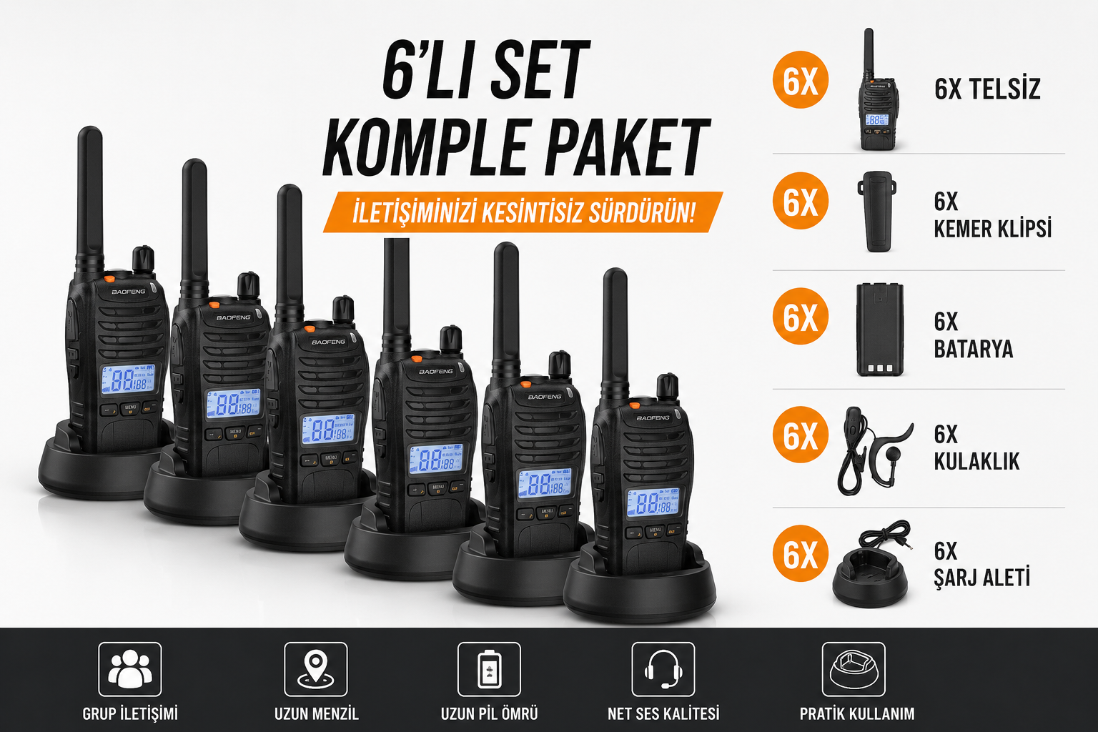 Baofeng 6'li Telsiz seti (kulaklık hediyeli) E-88