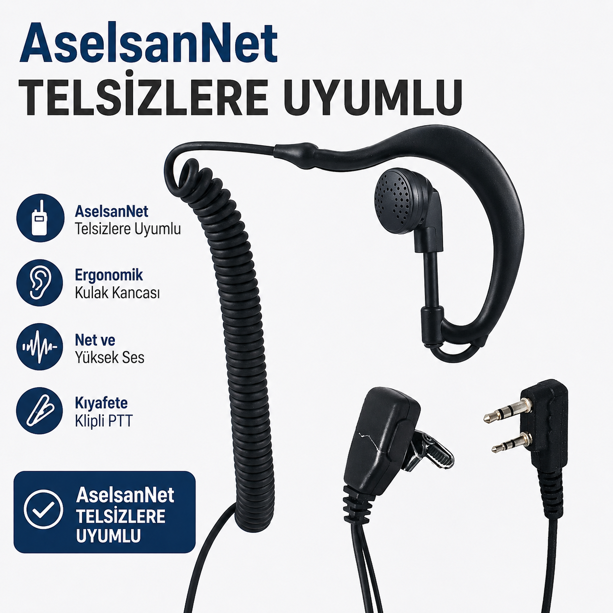 Aselsan A446 Uyumlu Spiral Arkalıklı Telsiz Kulaklık – Mikrofonlu PTT 2 Pin WLN PMR-446 PM580 PM985