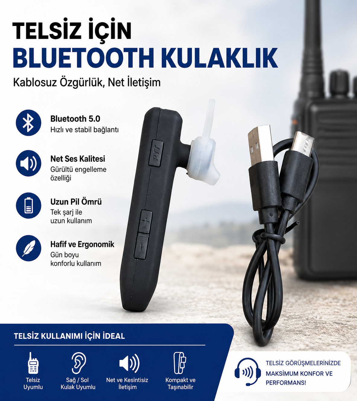 TID Bluetooth Telsiz Kulaklığı (Bluetooth PTT Destekli)