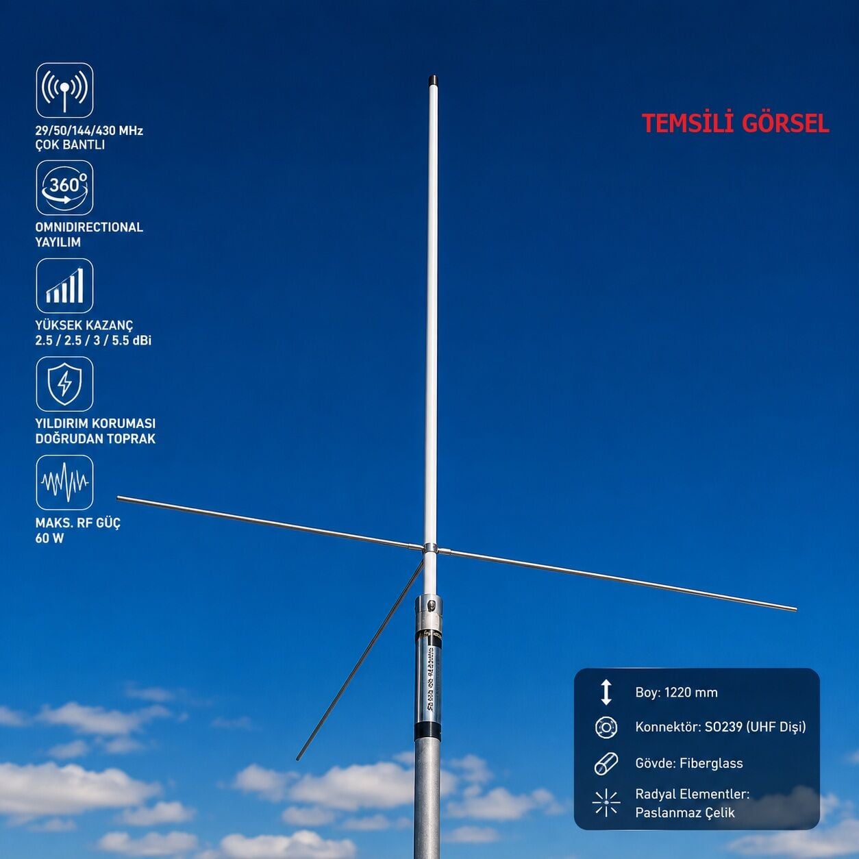 29/50/144/430 MHz Çok Bantlı Fiberglass Çatı Anteni