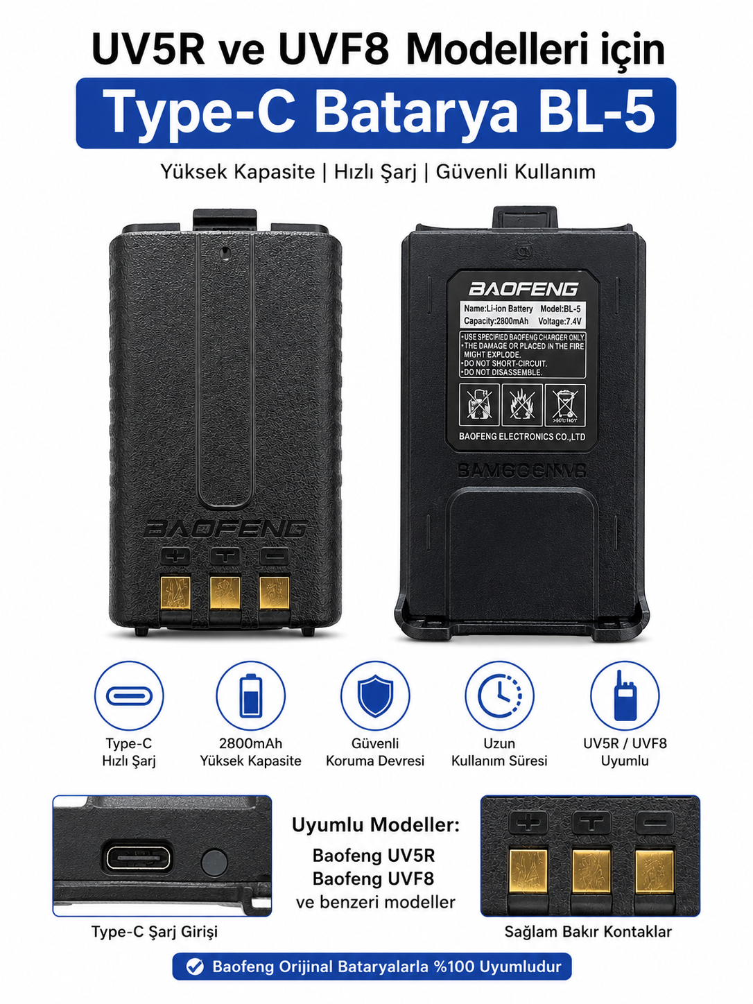 UV5R ve UVF8 Modelleri için Type-c Batarya BL-5