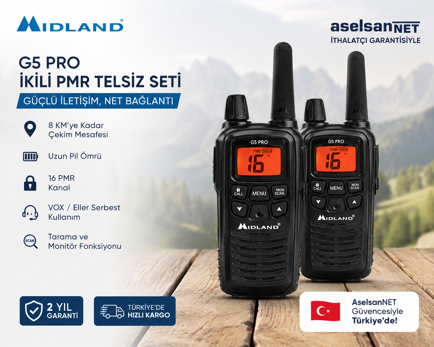 Midland G5 Pro PMR446 Lisanssız Telsiz – 2'li Set (kulaklık hadiyeli)