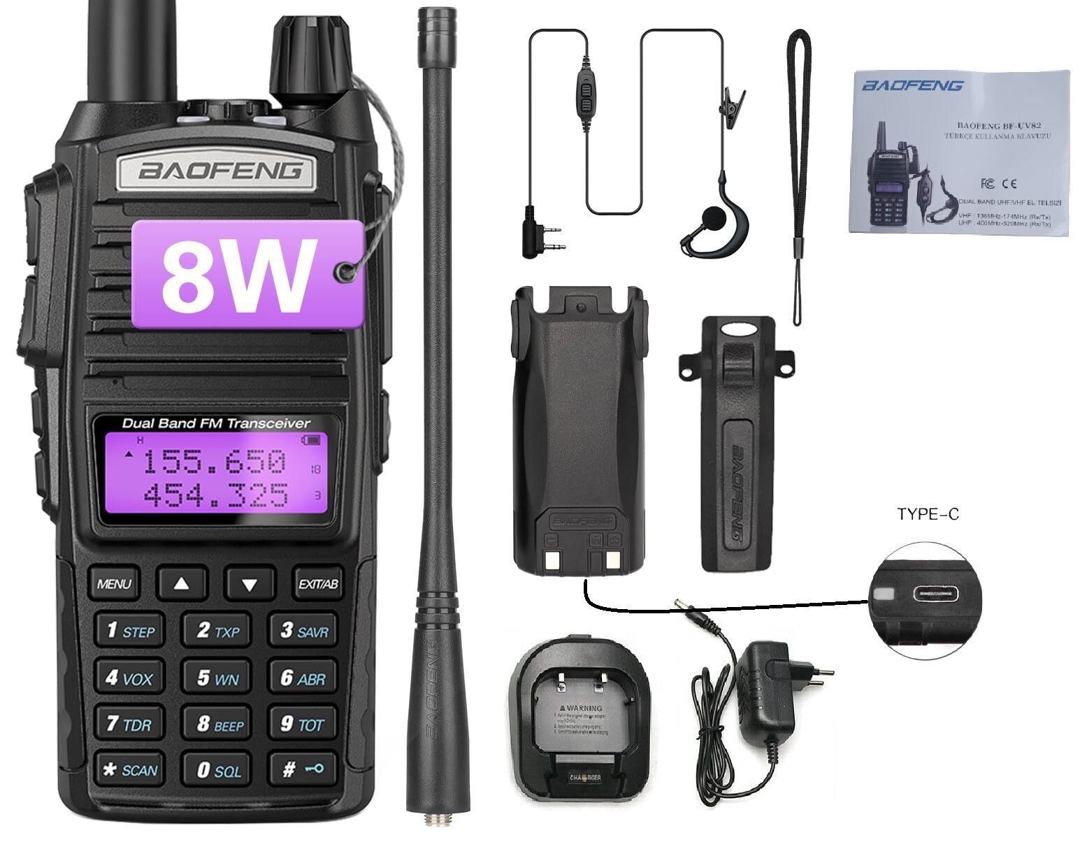 Baofeng UV82 UHF/VHF El telsizi 8W (Type-c Bataryalı)