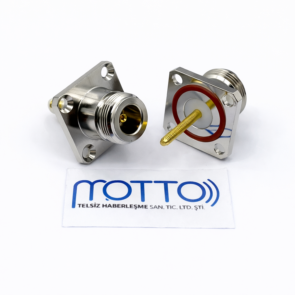 N Tip Dişi Panel Tip Flanşlı Konnektör – Contalı (4 Delik)